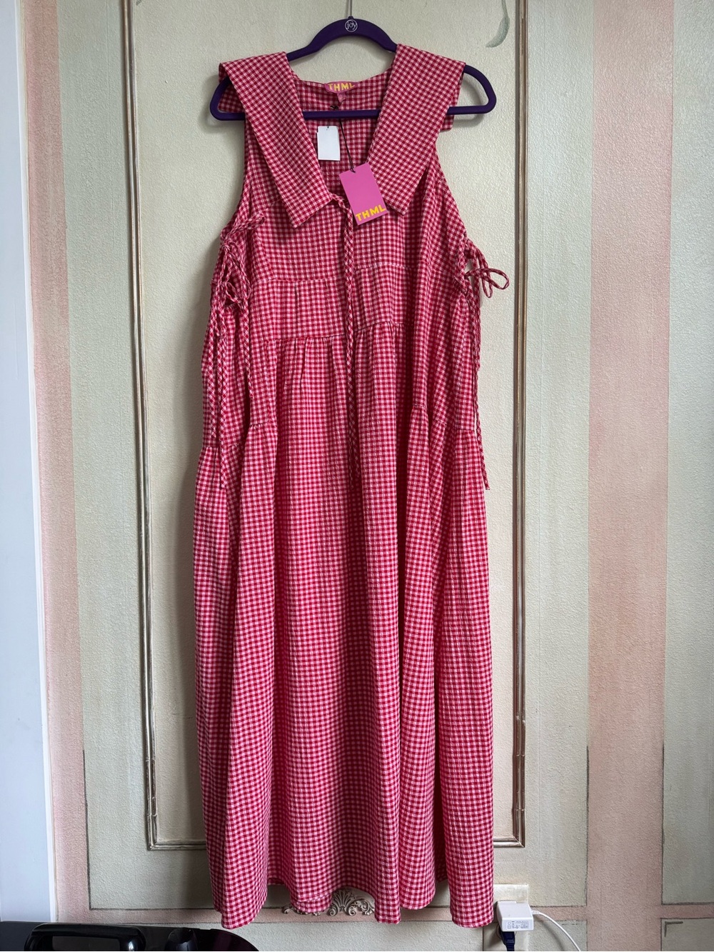 Women’s Red Gingham Sleeveless Dress with Sailor Collar